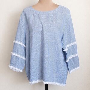 Cynthia Rowley Blue Stripe Linen Blend Fringe Sleeve Top 1X Boho Coastal